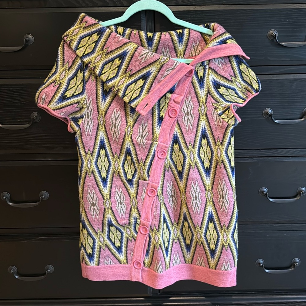 Moth Anthropologie womens pink blue short sleeve button down sweater vest sz s